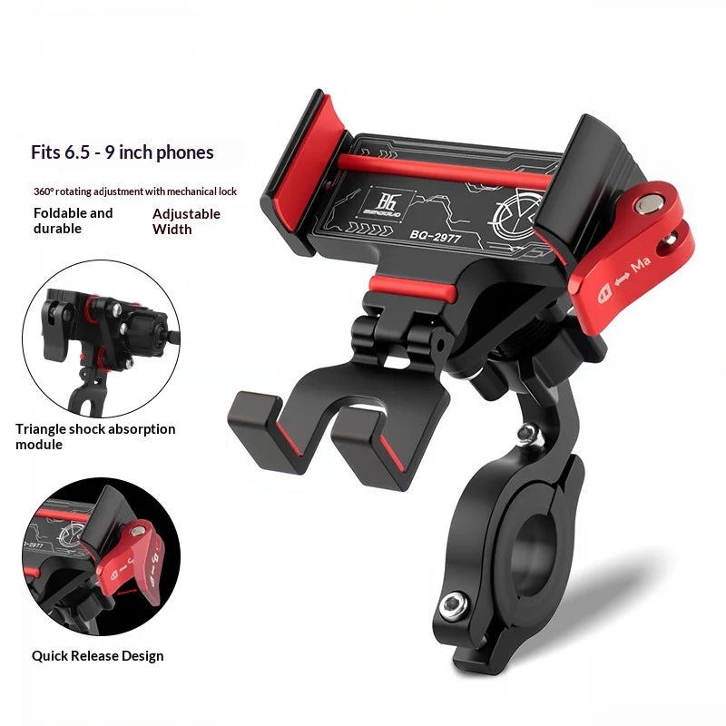 BENGGUO Bicycle Motorcycle Phone Mount 360-Degree Rotation Adjustable Handlebar Holder Aluminum Alloy Anti Shake - Black/Red/Handlebar Style - 2