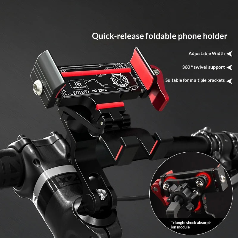 BENGGUO Bicycle Motorcycle Phone Mount 360-Degree Rotation Adjustable Handlebar Holder Aluminum Alloy Anti Shake - Black/Red/Handlebar Style - 3
