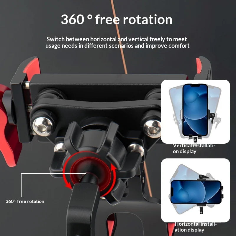 BENGGUO Bicycle Motorcycle Phone Mount 360-Degree Rotation Adjustable Handlebar Holder Aluminum Alloy Anti Shake - Black/Red/Handlebar Style - 5