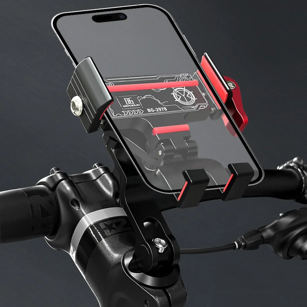 BENGGUO Bicycle Motorcycle Phone Mount 360-Degree Rotation Adjustable Handlebar Holder Aluminum Alloy Anti Shake - Black/Red/Handlebar Style - 7