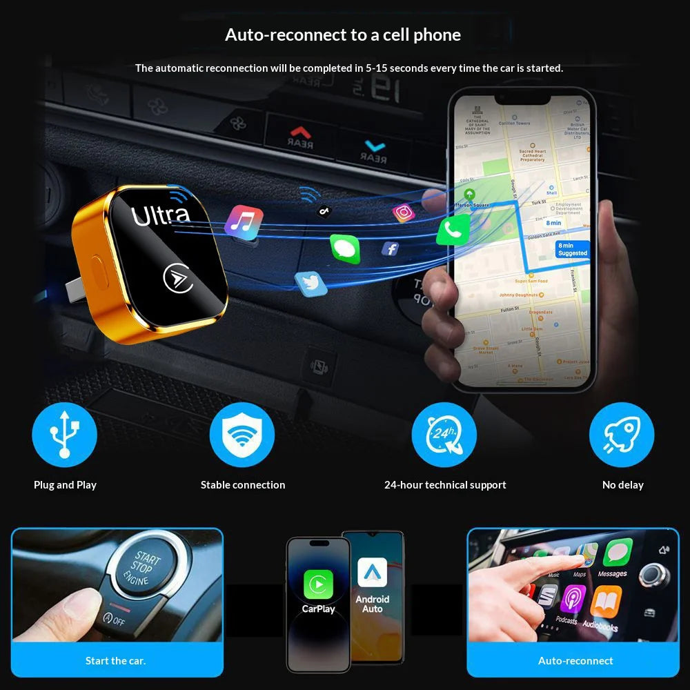 K18 2 in 1 Bluetooth-compatible 5.2/WiFi Wireless CarPlay Adapter Android Auto Mini USB Dongle - Black - 6