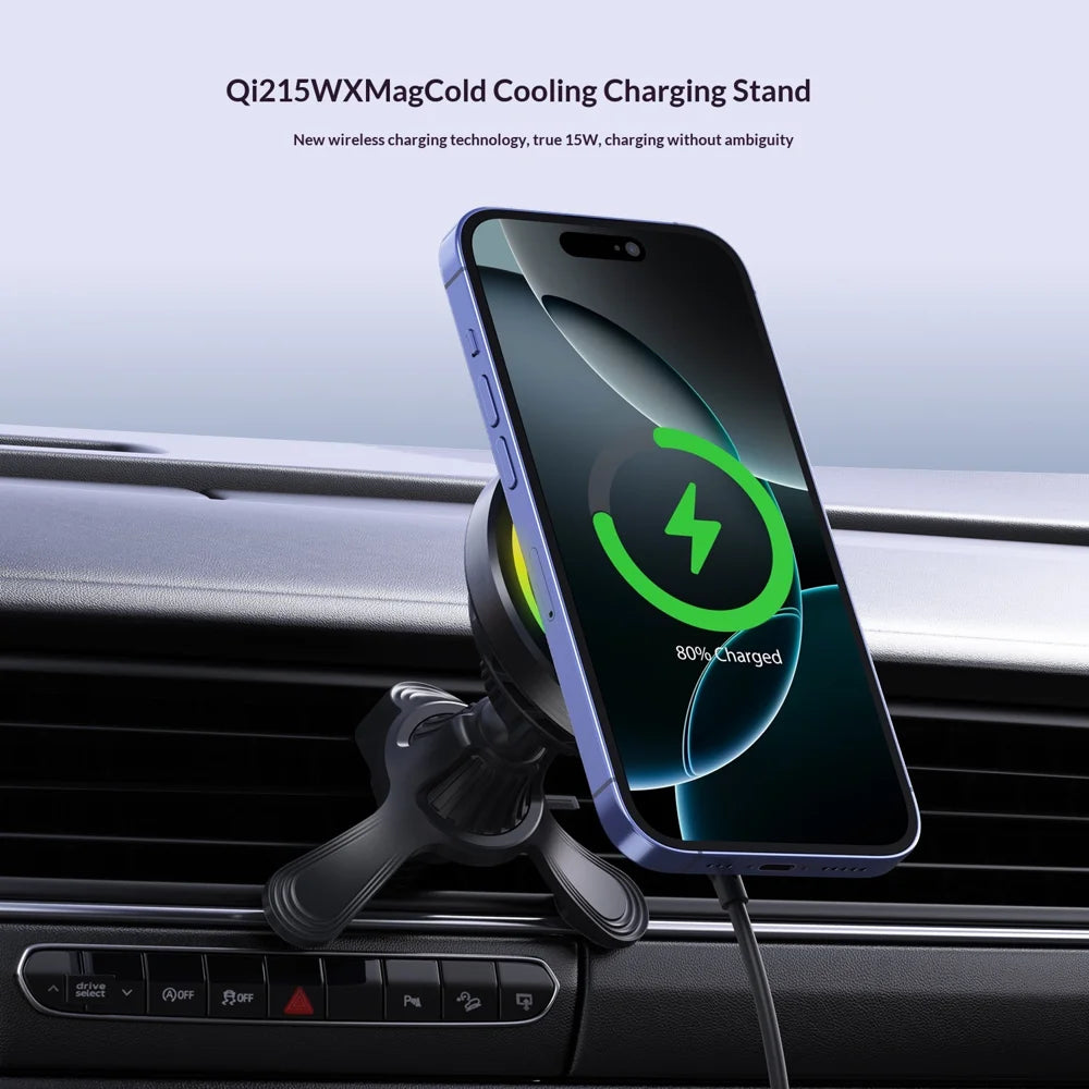 MC11 Car Mount Wireless Charger Qi2 15W Fast Charging Magnetic Phone Holder with Cooling Fan for Air Vent - Black - 2
