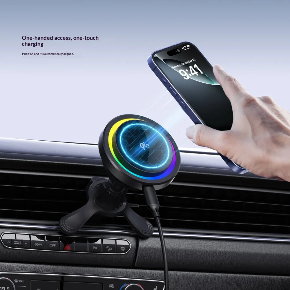 MC11 Car Mount Wireless Charger Qi2 15W Fast Charging Magnetic Phone Holder with Cooling Fan for Air Vent - Black - 3