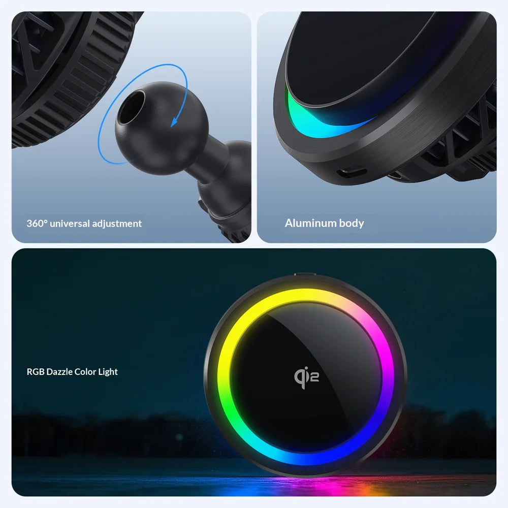MC11 Car Mount Wireless Charger Qi2 15W Fast Charging Magnetic Phone Holder with Cooling Fan for Air Vent - Black - 6