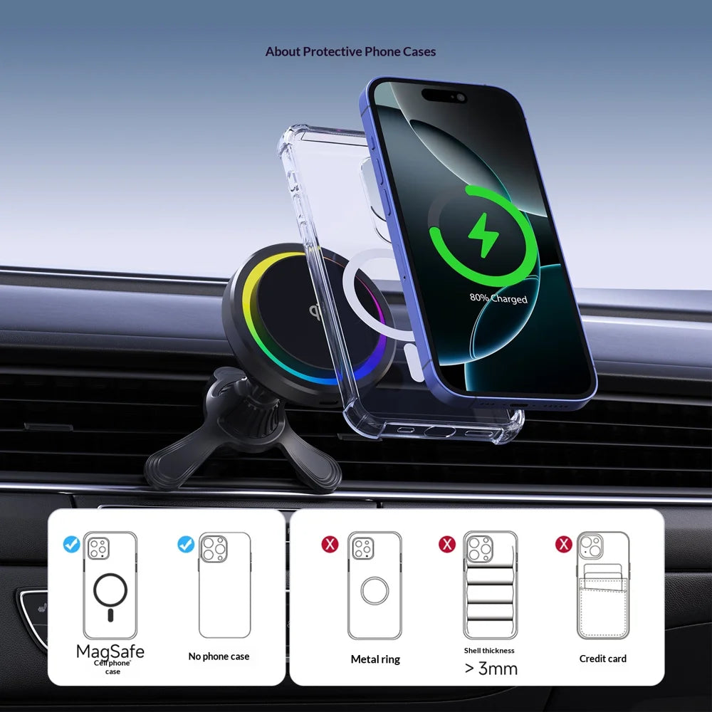 MC11 Car Mount Wireless Charger Qi2 15W Fast Charging Magnetic Phone Holder with Cooling Fan for Air Vent - Black - 7