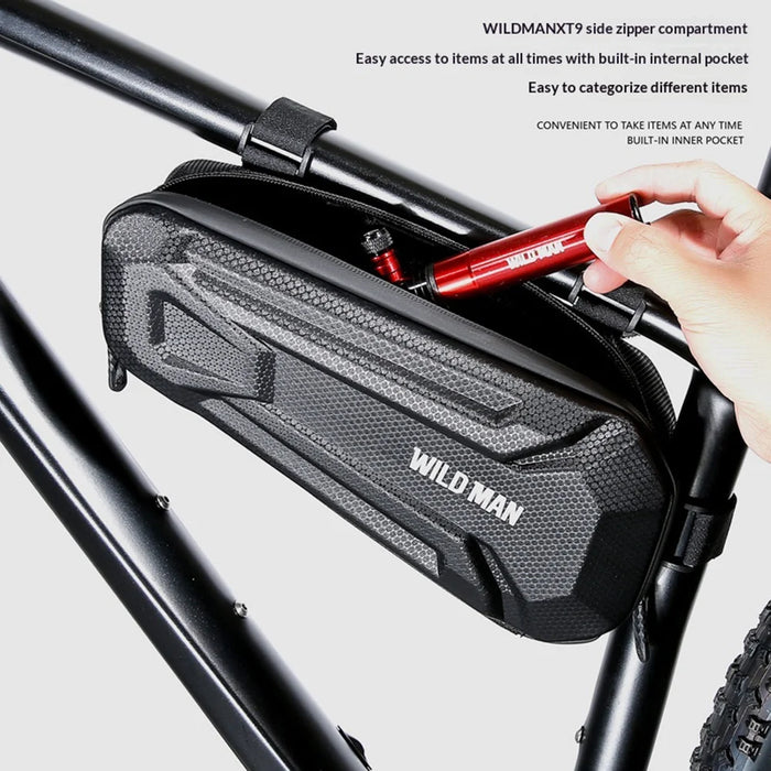 WILD MAN XT9 1.8L Bike Frame Bag IPX6 Waterproof EVA Hard Shell Triangle Bag for Mountain Road Bicycle - Black/Honeycomb Texture - 5