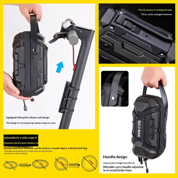 WILD MAN GD6X PLUS 3L Front Frame Bag Quick Release EVA Hard Shell Bicycle Fork Bag for E-Scooter Folding Bike - Black/3L - 4