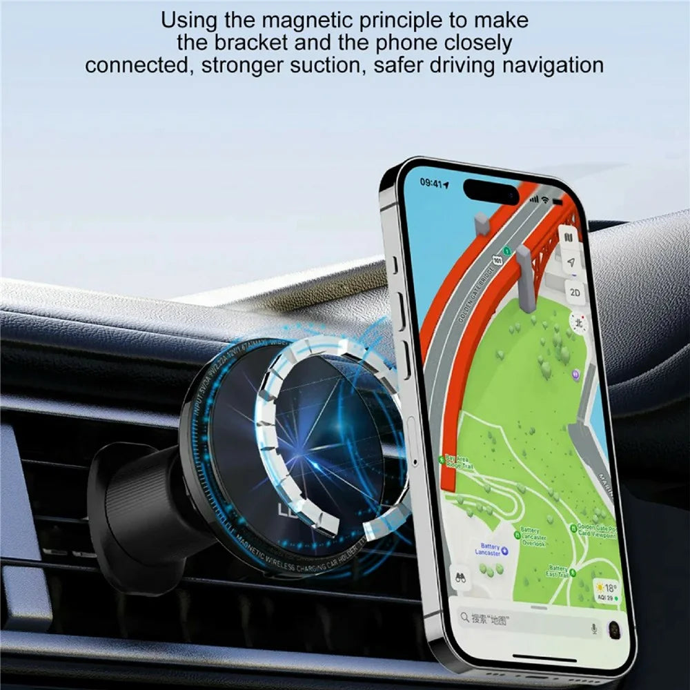 LDNIO MA23 15W Magnetic Wireless Car Charger Stand QI Fast Charging Air Vent Phone Holder Mount - Black - 3