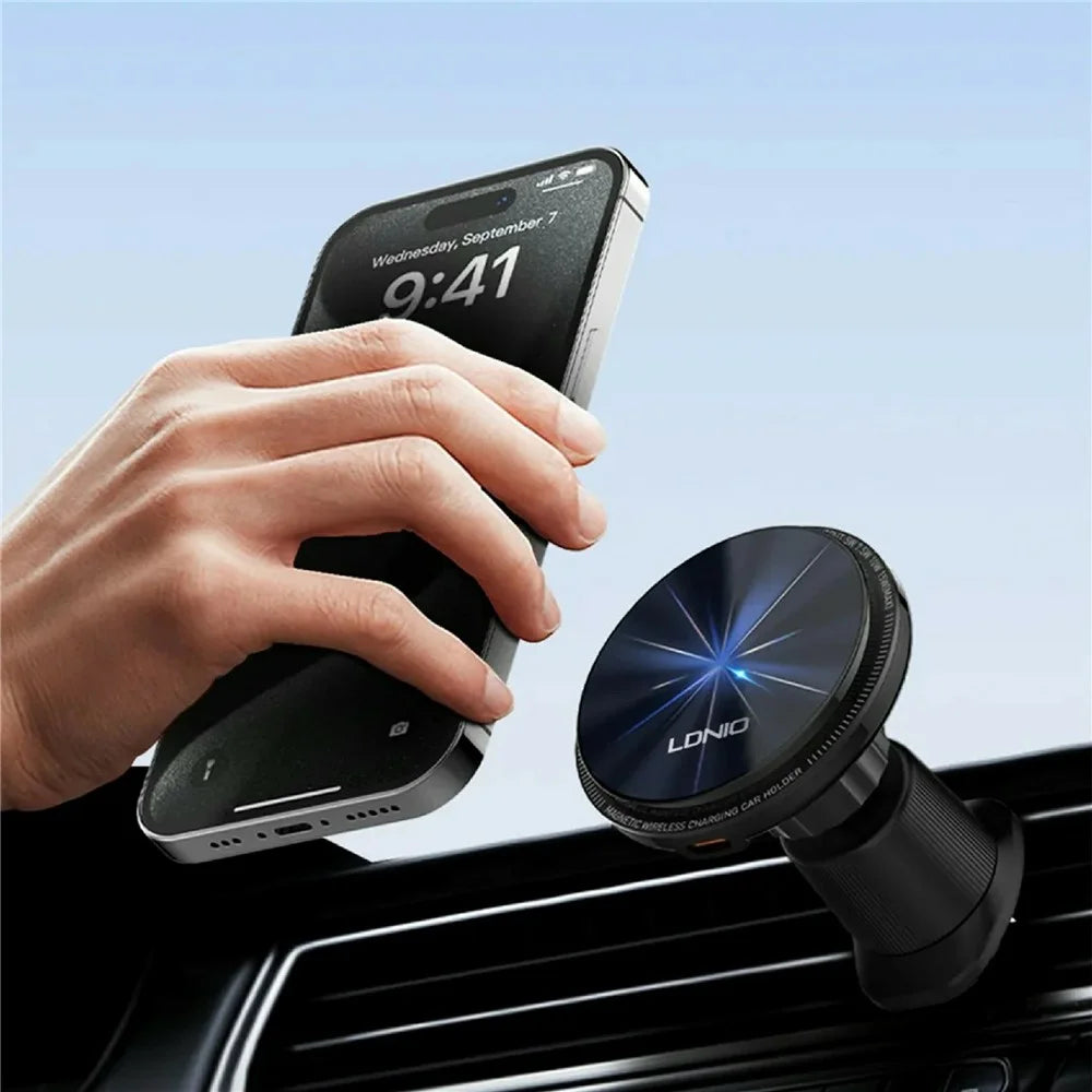 LDNIO MA23 15W Magnetic Wireless Car Charger Stand QI Fast Charging Air Vent Phone Holder Mount - Black - 6