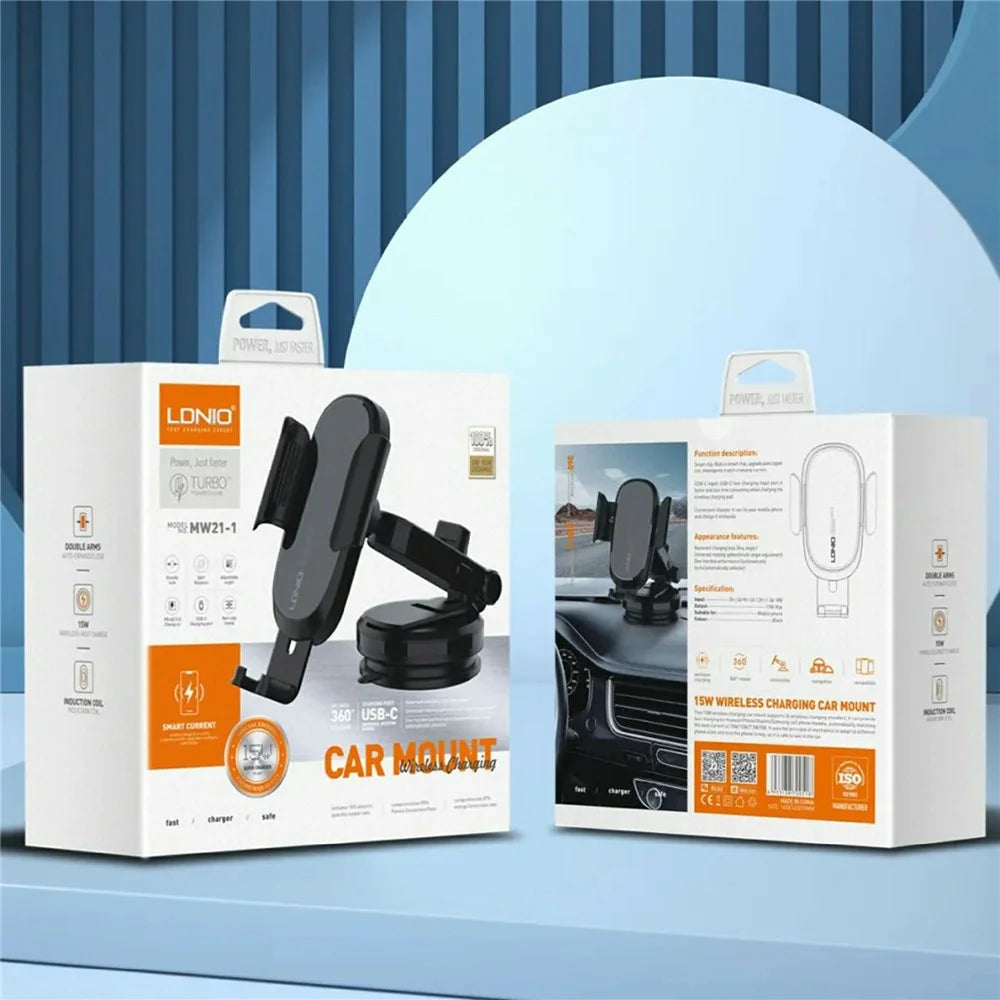 LDNIO MW21-1 15W Wireless Charging Car Mount Automatic Electric Clamping Auto-Grip Phone Holder with Suction Cup Base - Black - 7