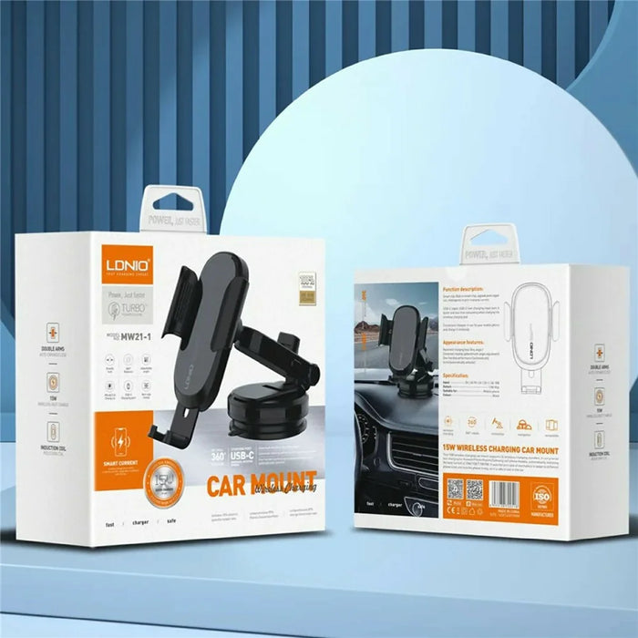 LDNIO MW21-1 15W Wireless Charging Car Mount Automatic Electric Clamping Auto-Grip Phone Holder with Suction Cup Base - Black - 7
