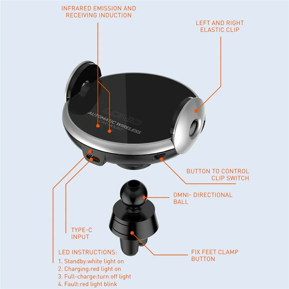 LDNIO MA02 15W Qi Wireless Fast Charging Charger Car Mount Auto-Clamping Infrared Sensor 360 Degree Air Vent Phone Holder - Black - 6