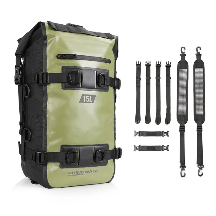 RHINOWALK MT2215 15L Motorcycle Tail Bag Waterproof Rear Seat Cargo Rack Bag for Touring Adventure - MT2215GR Olive Green - 1