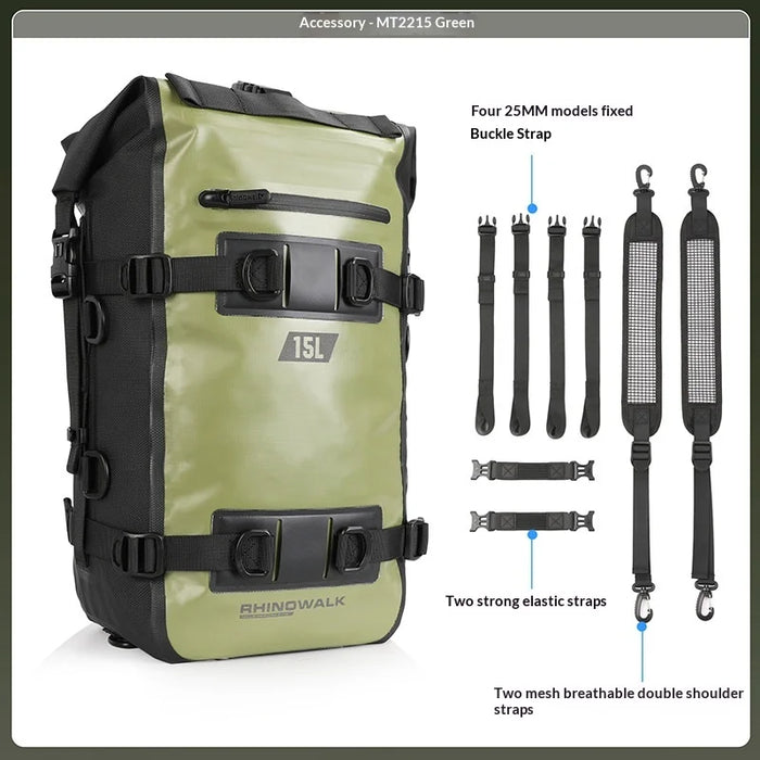 RHINOWALK MT2215 15L Motorcycle Tail Bag Waterproof Rear Seat Cargo Rack Bag for Touring Adventure - MT2215GR Olive Green - 6