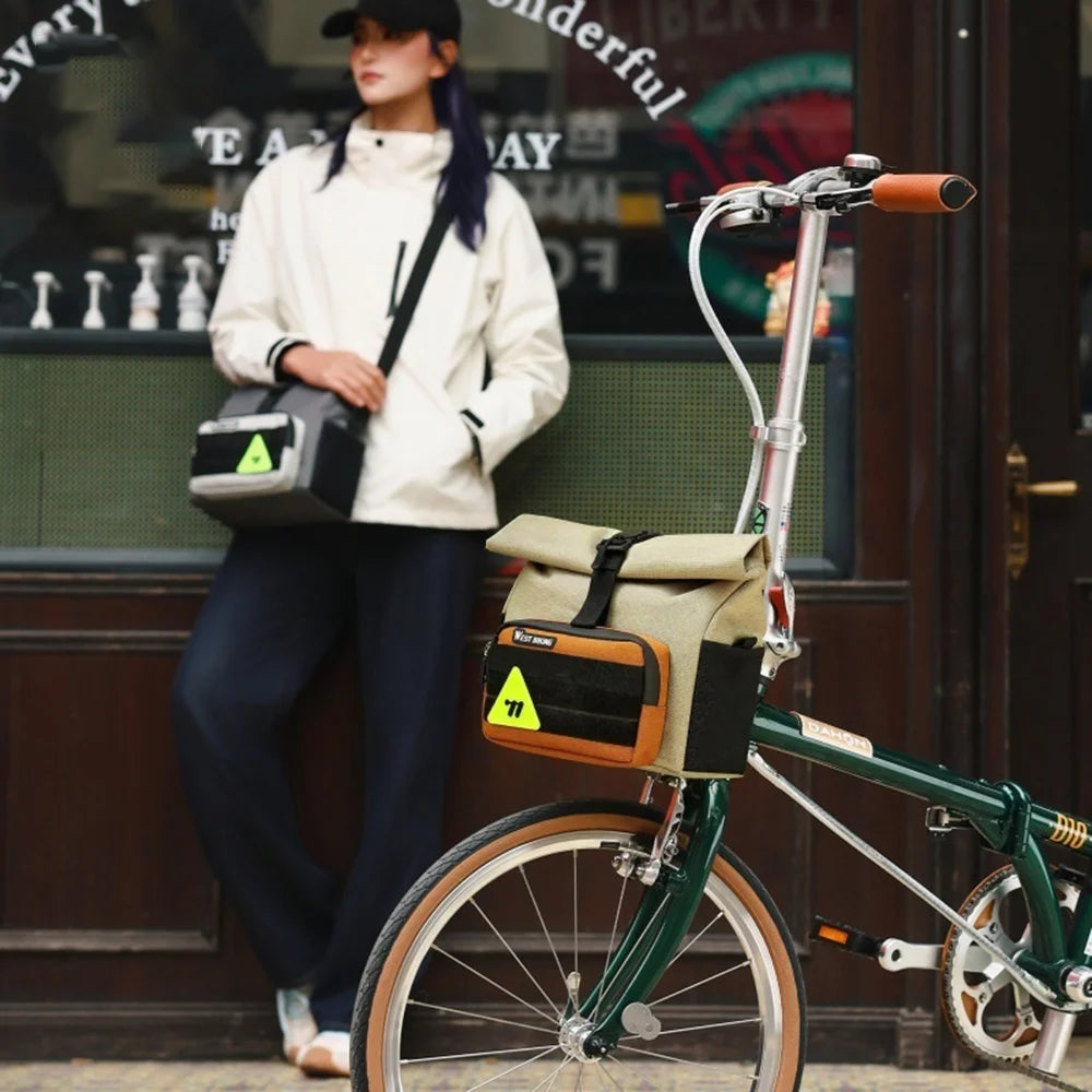 WEST BIKING YP0707417 Bicycle Front Bag 3.3L Expandable Handlebar Bag with Shoulder Strap for Folding Bike - Khaki - 4