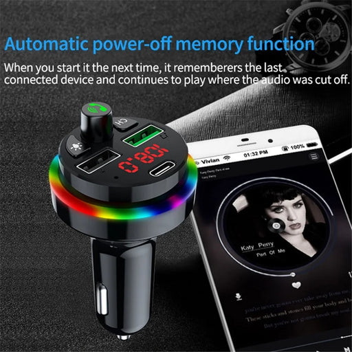 F16 Colorful LED Light FM Transmitter Car Bluetooth-compatible Adapter Hands-free Call MP3 Player Type-C + Dual USB Phone Charger Support U-disk / TF Card - 2