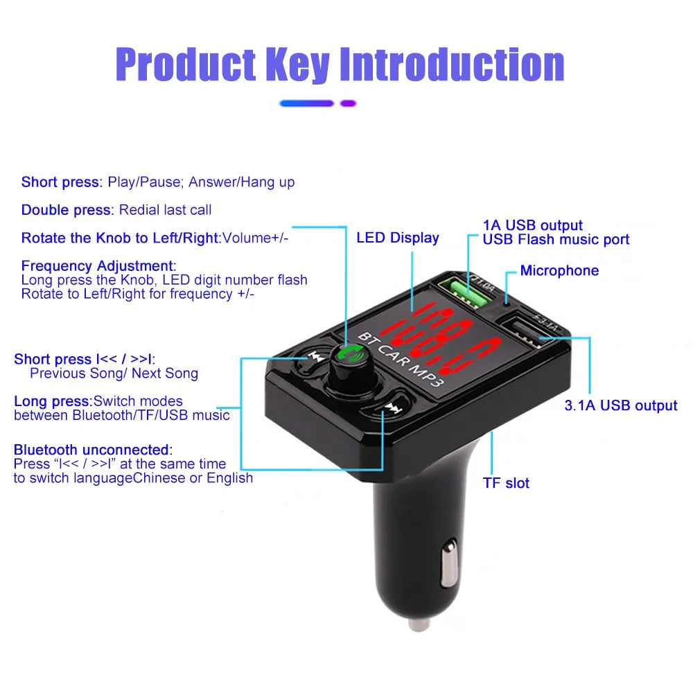 A6 BT FM Transmitter Car Charger with 2 USB Ports Car MP3 Player Support U Disk, TF Card, Bluetooth-compatible Hands-Free Calling - 6