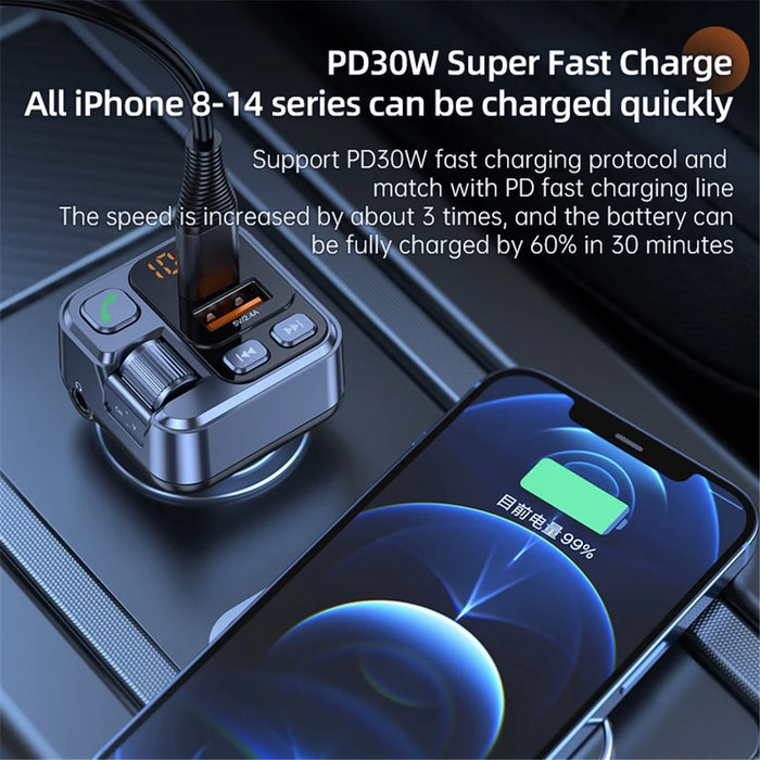 T16 PD 30W Car Charger Bluetooth-compatible MP3 Player FM Transmitter Charger Adapter with LED Screen - 3