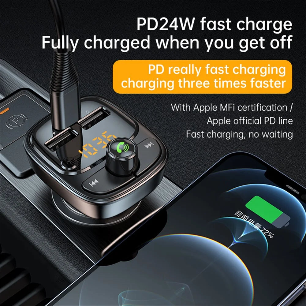 T02 PD 24W Bluetooth-compatible Car Charger MP3 Player Multifunction Car Charger Adapter with 2USB, Type-C Ports - 3