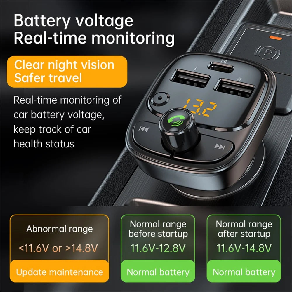 T02 PD 24W Bluetooth-compatible Car Charger MP3 Player Multifunction Car Charger Adapter with 2USB, Type-C Ports - 5