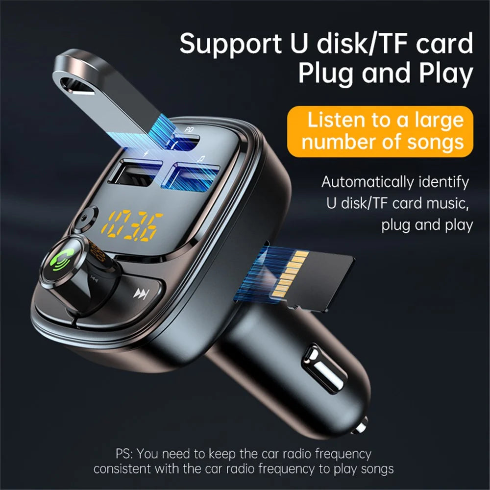 T02 PD 24W Bluetooth-compatible Car Charger MP3 Player Multifunction Car Charger Adapter with 2USB, Type-C Ports - 6