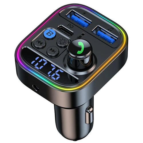 T18 Colorful Light Ring Bluetooth-compatible Hands-free Call MP3 Player Type-C + Dual USB Car Charger FM Transmitter (CE Certified) - 1