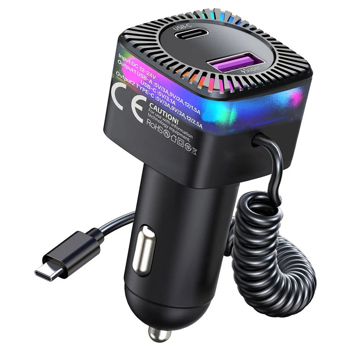 K14 USB + Type-C PD 30W Phone Fast Charging Adapter Car Charger with Spring Type-C Cable - 2