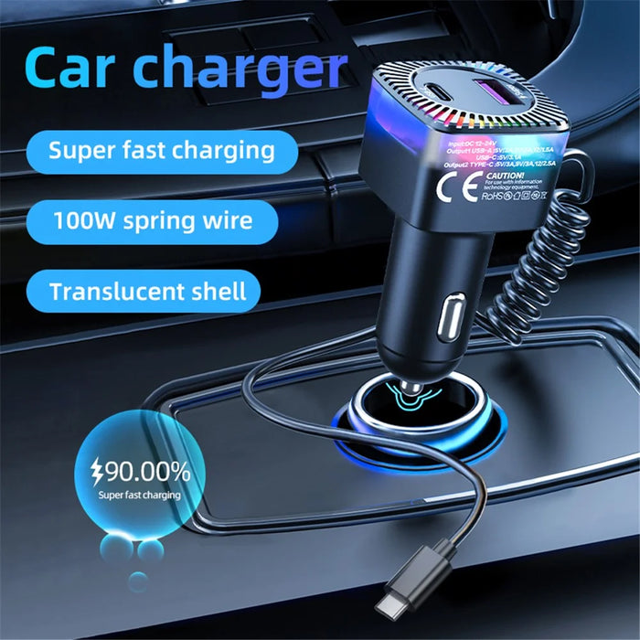 K14 USB + Type-C PD 30W Phone Fast Charging Adapter Car Charger with Spring Type-C Cable - 3