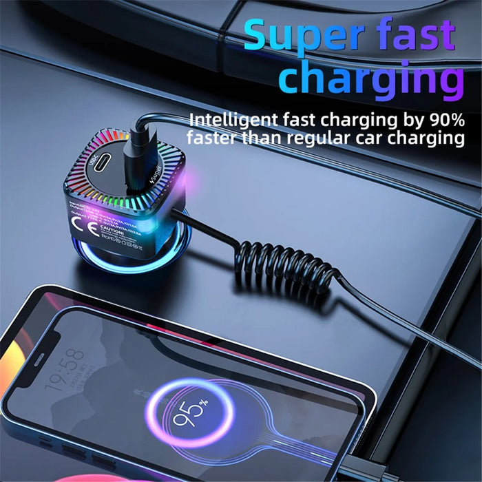 K14 USB + Type-C PD 30W Phone Fast Charging Adapter Car Charger with Spring Type-C Cable - 5