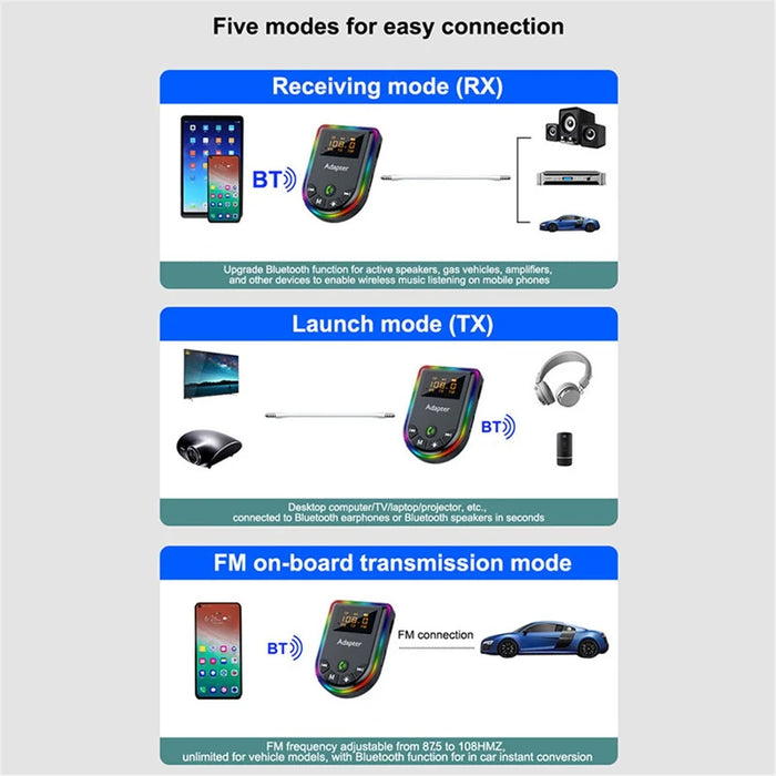 Q5 2-in-1 Bluetooth-compatible 5.3 Audio Adapter with Audio Receiver / Transmitter, Car MP3 Player with Colorful Ambient Light - 3