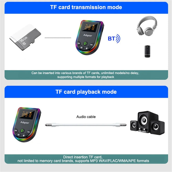 Q5 2-in-1 Bluetooth-compatible 5.3 Audio Adapter with Audio Receiver / Transmitter, Car MP3 Player with Colorful Ambient Light - 4