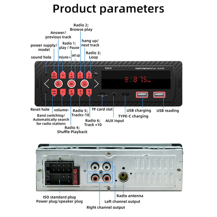 D3410 Car Bluetooth-compatible MP3 Player Vehicles Audio Device Support TF Card, U-Disk, FM Radio - 6
