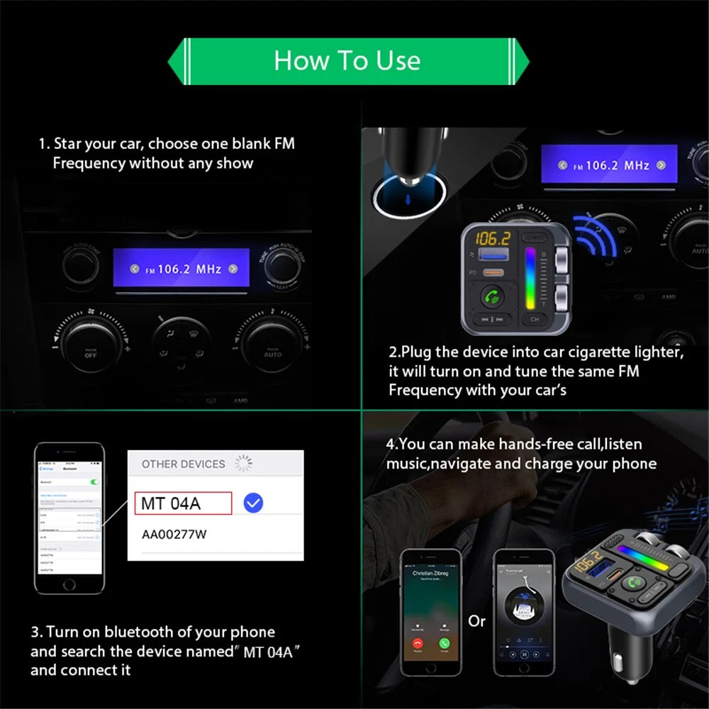 MT04 Car Bluetooth-compatible Adapter FM Transmitter HiFi Music MP3 Player Type-C + USB Car Charger - 2