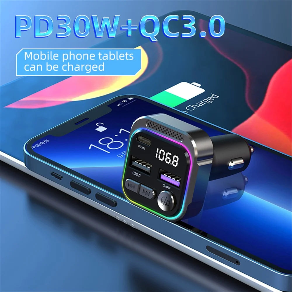 C54 Alloy Car Bluetooth-compatible Adapter FM Transmitter MP3 Player PD 30W Type-C + Dual USB Car Charger - 5