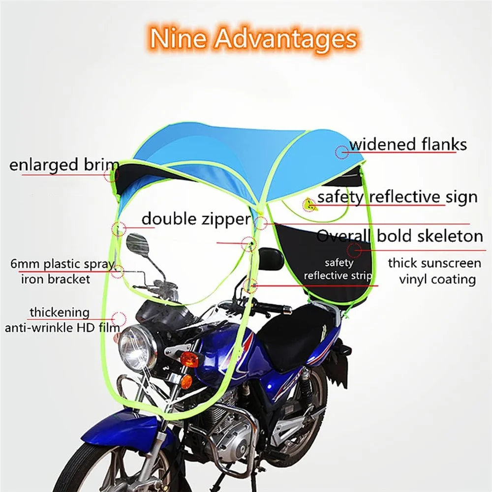 Electric Bike Motorcycle Rain Shelter Fully Enclosed Motorbike Umbrella Awning Rain Hood - Silver Coating Blue - 2