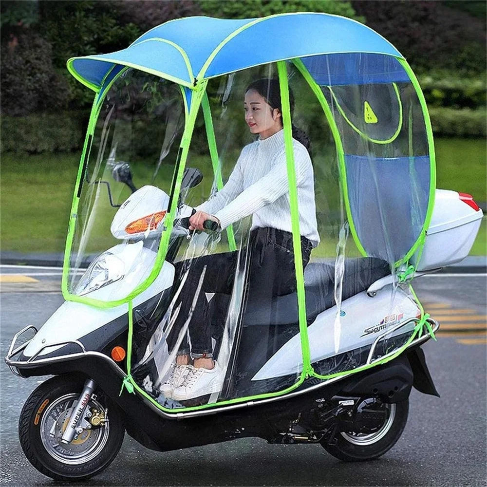 Electric Bike Motorcycle Rain Shelter Fully Enclosed Motorbike Umbrella Awning Rain Hood - Silver Coating Blue - 4