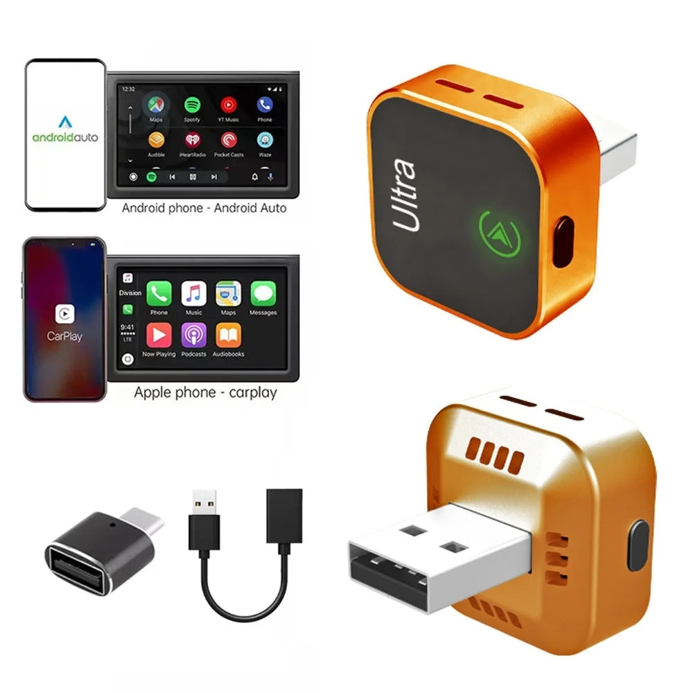 K15 2 in 1 Wireless CarPlay Box Android Auto USB Dongle with Adapter and Extension Cable - Orange - 1