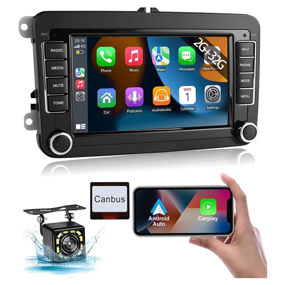 7 Inch Android 15 Car Stereo 2G+32G CarPlay Player Android GPS Navigation 12-LED Backup Camera Auto Player for Volkswagen Golf MK5  /  Polo Passat Jetta - 1