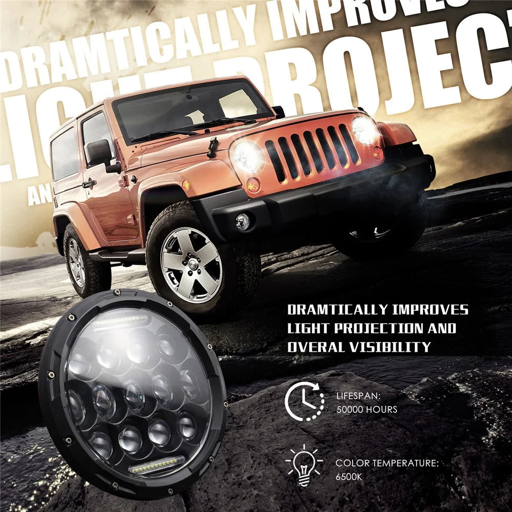 EAGLEVISION C0045 7inch 13-LED Waterproof DRL Light High Low Beam Car Truck Round Headlight for Jeep Wrangler - 2