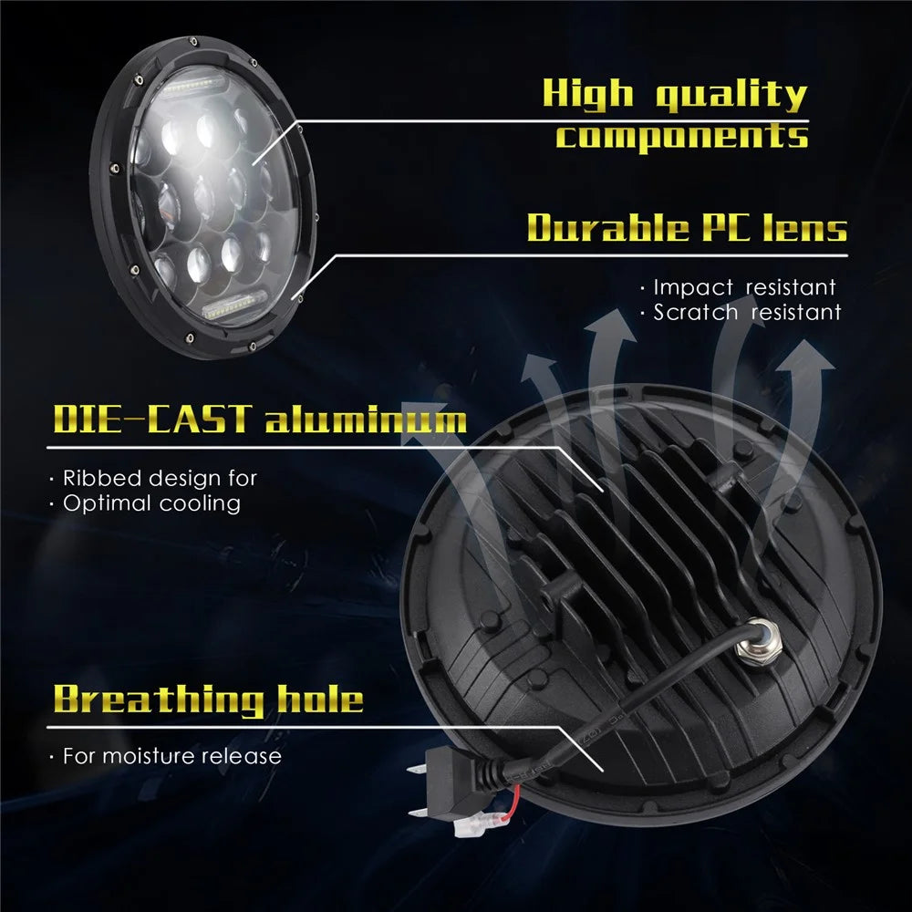 EAGLEVISION C0045 7inch 13-LED Waterproof DRL Light High Low Beam Car Truck Round Headlight for Jeep Wrangler - 7