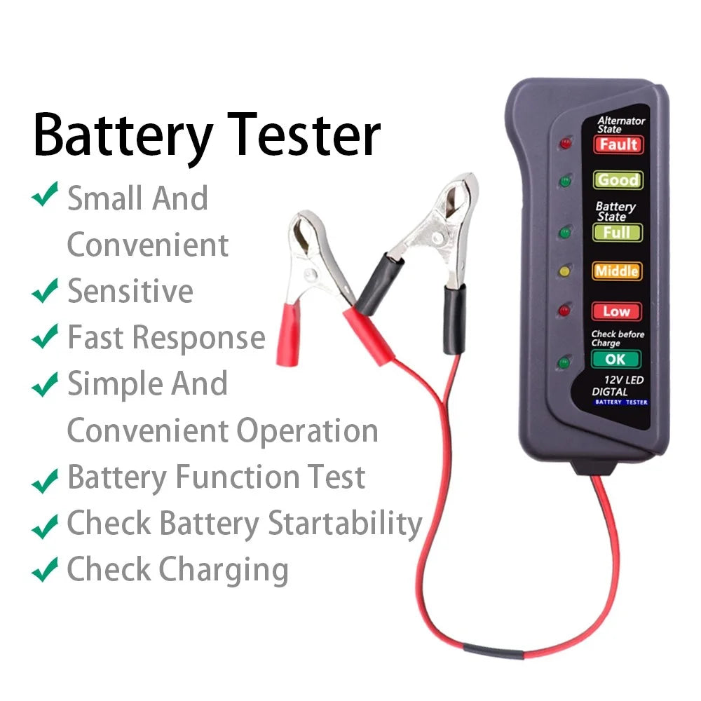 12V E-bike Vehicle Battery Tester with 6 LED Lights Portable Battery Detector for Cars Motorcycles - 2