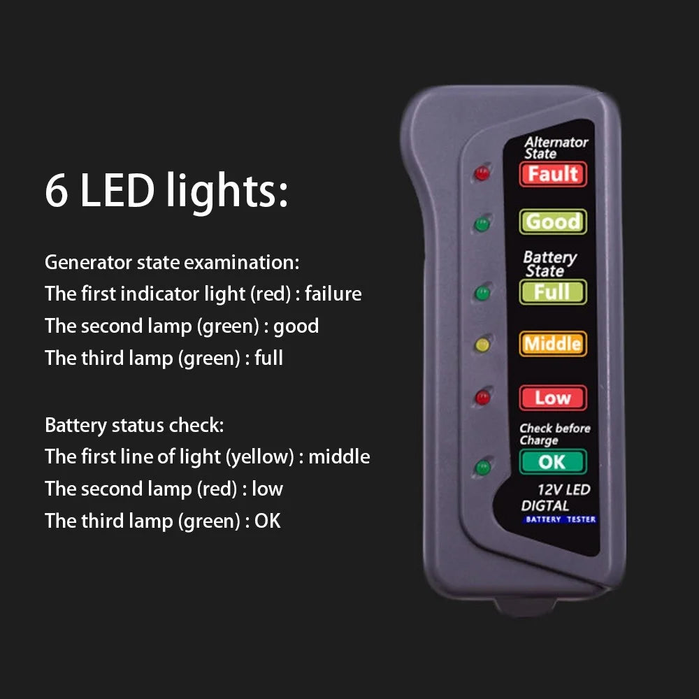 12V E-bike Vehicle Battery Tester with 6 LED Lights Portable Battery Detector for Cars Motorcycles - 4