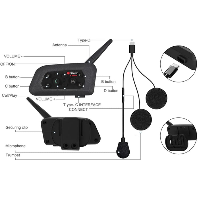 TELEHEER V6 Plus Motorcycle Helmet Bluetooth-compatible Walkie-Talkie with Headset Waterproof BT Wireless Walkie-Talkie Support 1500m Distance - 3