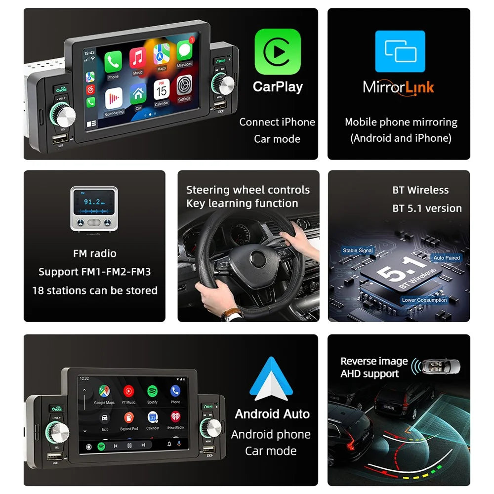 SWM 160C 5 inch Single Spindle Car Bluetooth-compatible Player MP5 MP4 Radio Audio Player CarPlay Cell Phone Connected Car BT Player - 3