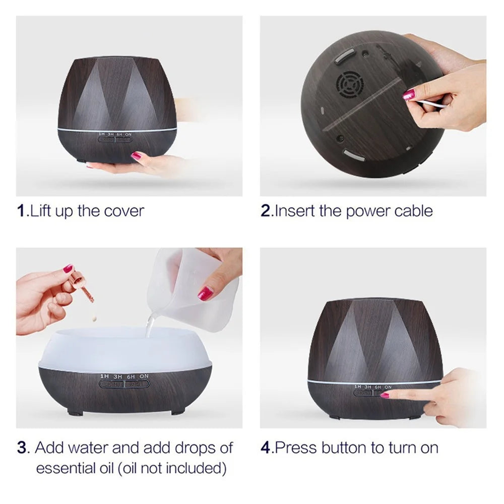 Wood Grain Aroma Diffuser Portable Fog Maker 550ml Silent Air Humidifier with LED Light Mist Sprayer Sleep Aid - US Plug - 4