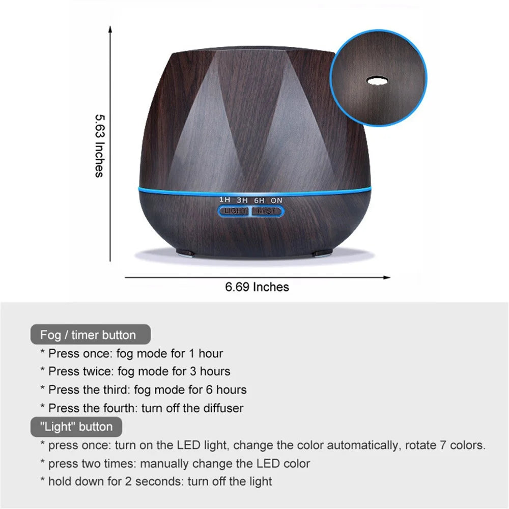 Wood Grain Aroma Diffuser Portable Fog Maker 550ml Silent Air Humidifier with LED Light Mist Sprayer Sleep Aid - US Plug - 6