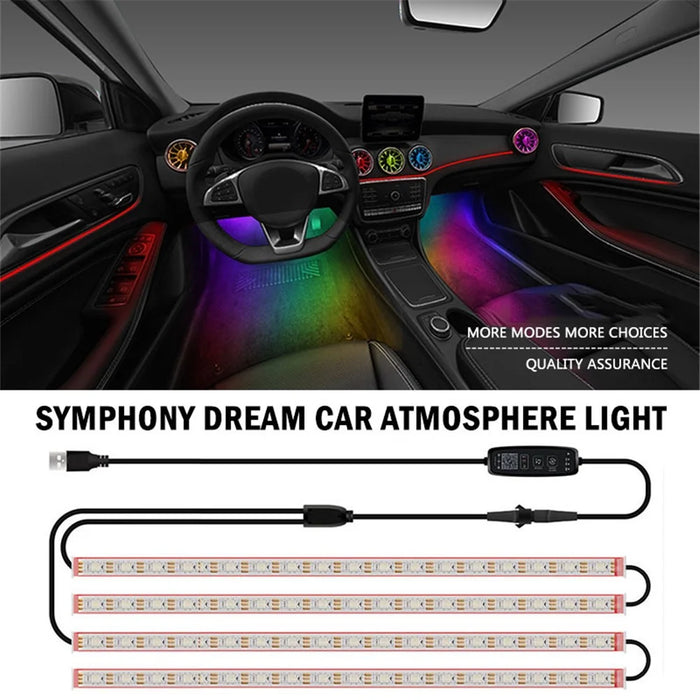 N2U-72 4Pcs Car 72LED Underglow Light Multi-color Bluetooth-compatible APP Control USB Car Decorative Lamp Underbody LED Strip Lights - 4
