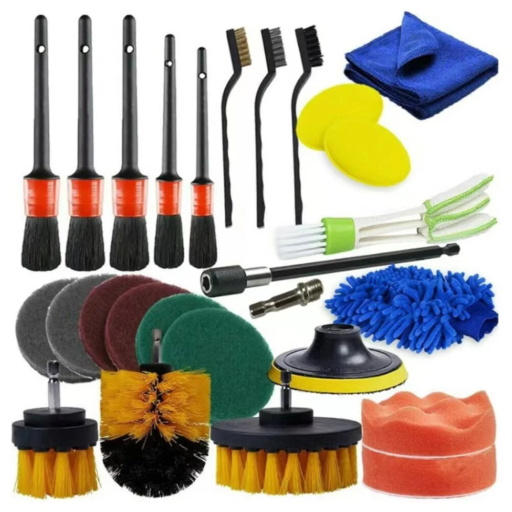 27Pcs / Set Car Cleaning Cloth Washing Mitten Electric Drill Brush Vehicle Detailing Brushes Scrub Pads Kit (Sponge Color Random) - 1