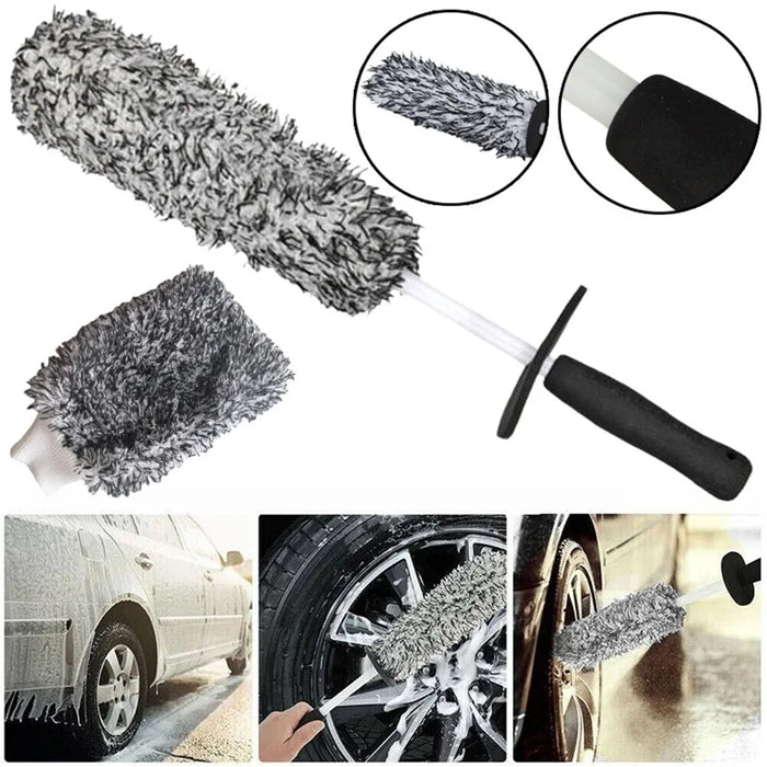 Car Wheel Cleaning Brush Soft Microfibre Long Handle Rim Detailing Brush - Black+White Handle - 2