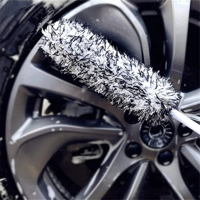 Car Wheel Cleaning Brush Soft Microfibre Long Handle Rim Detailing Brush - Black+White Handle - 4